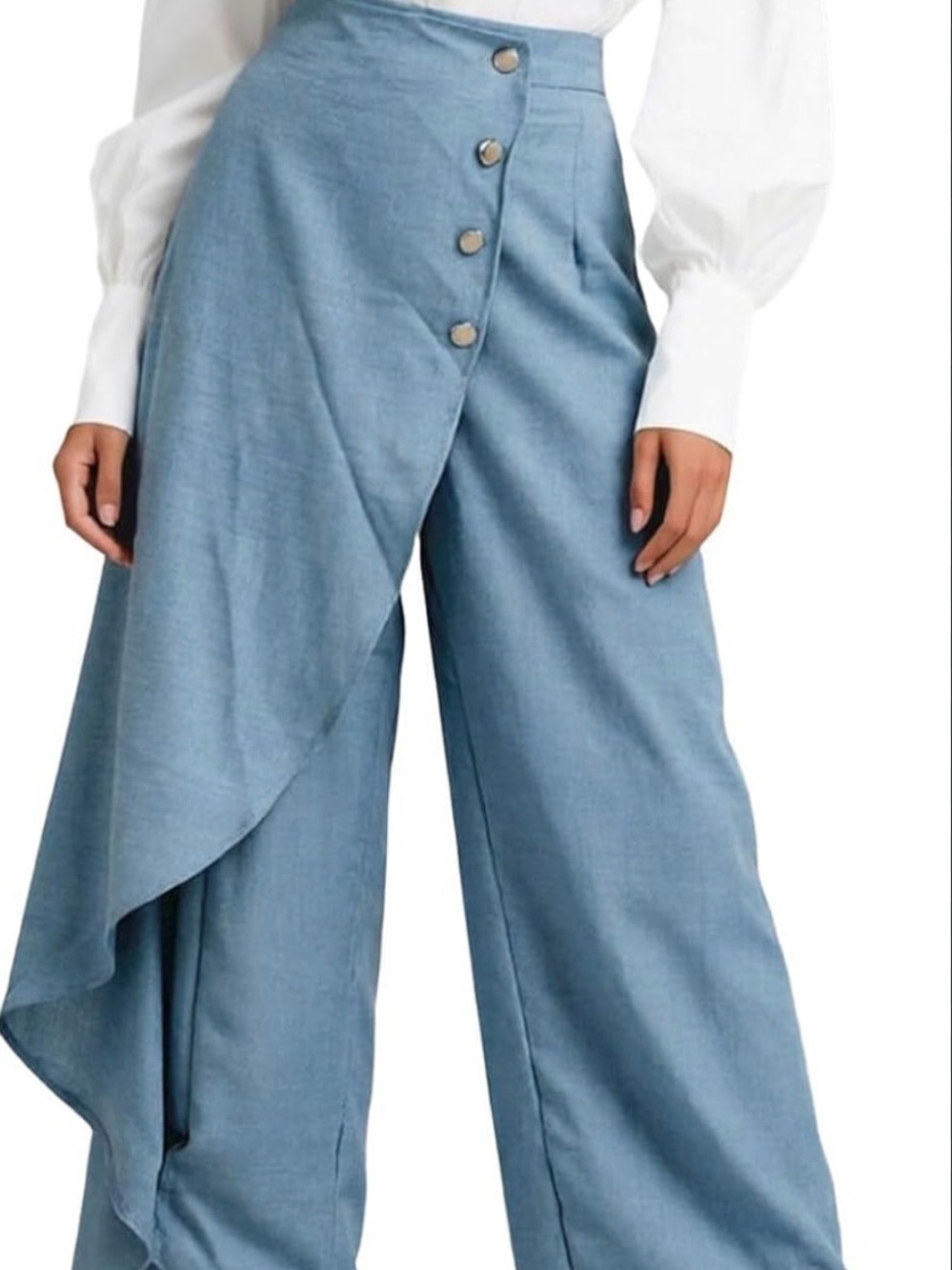 Sky Blue Wide-Leg Wrap Pants with Button Accent